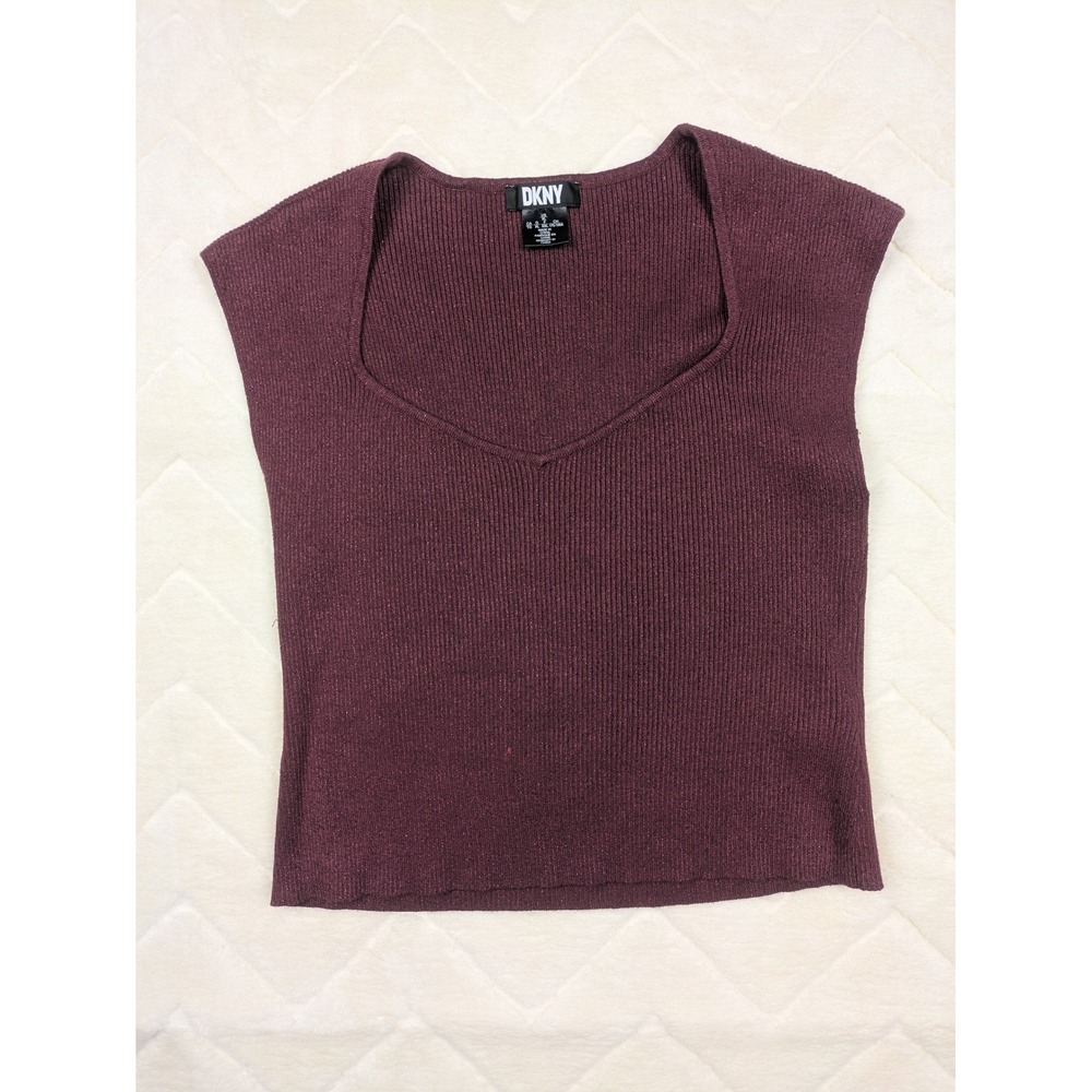 DKNY Womens XL Burgundy Metallic Ribbed Knit Sleeveless Square Neck Top
